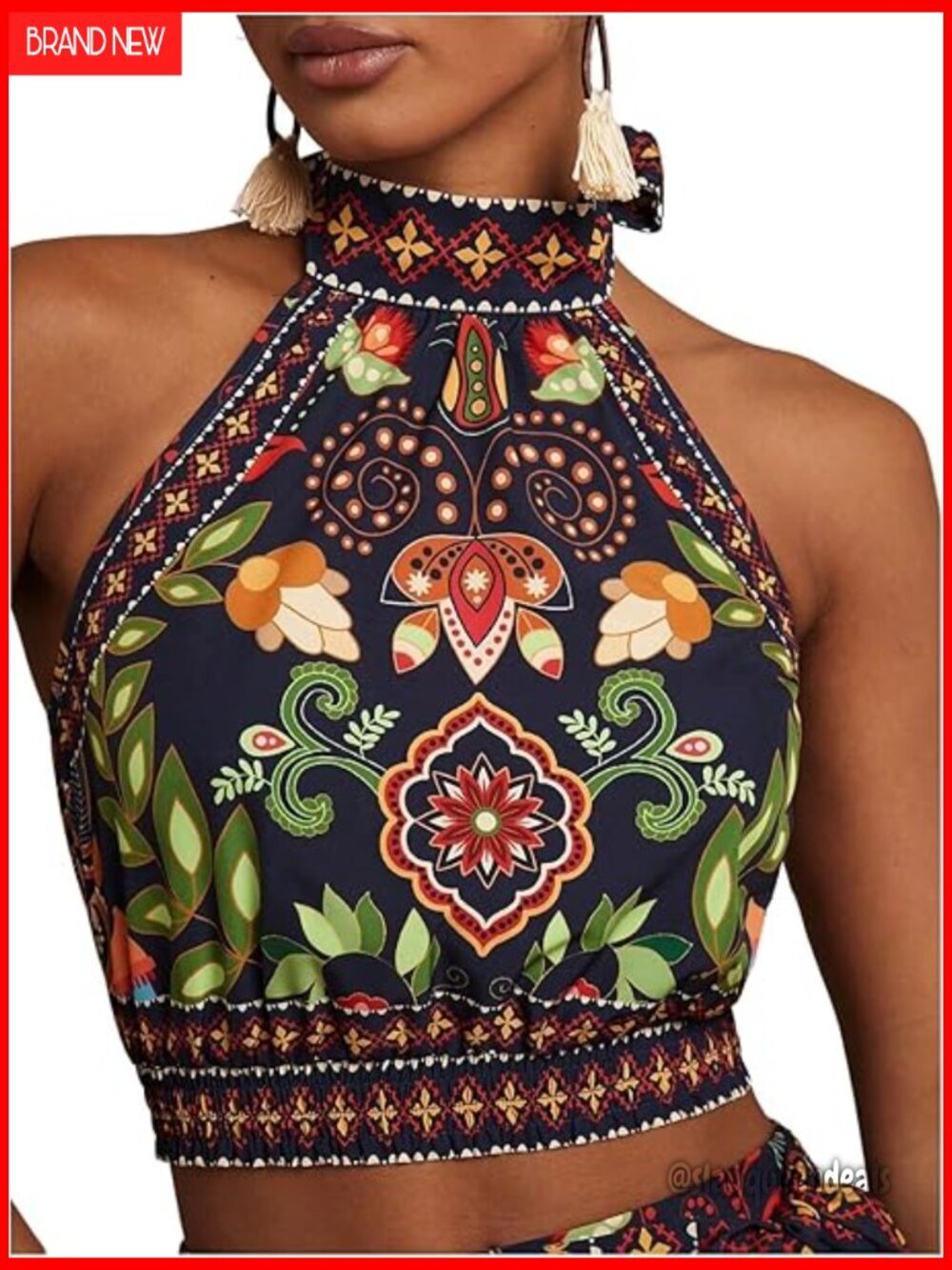 Polyester Halter Crop Top Shirred Tie Backless Sleeveless Tank